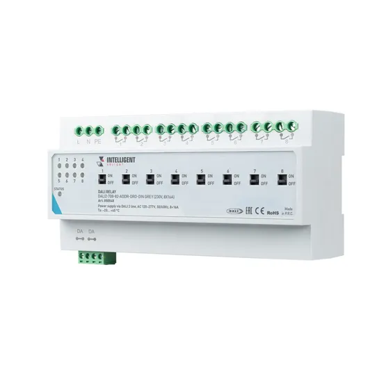 Фото товара INTELLIGENT ARLIGHT Релейный модуль DALI2-708-82-ADDR-DRO-DIN Grey (230V, 8x16A) (IARL, IP20 Пластик, 3 года)